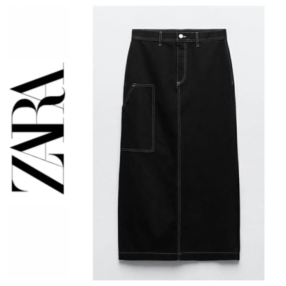 NWT Zara High Waist Long Black Denim Contrast Stitched Apron Skirt, Size XXS